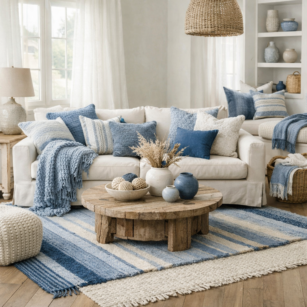 A cozy blue and white living room featuring a white couch with various blue pillows, a wood coffee table, and a patterned rug.