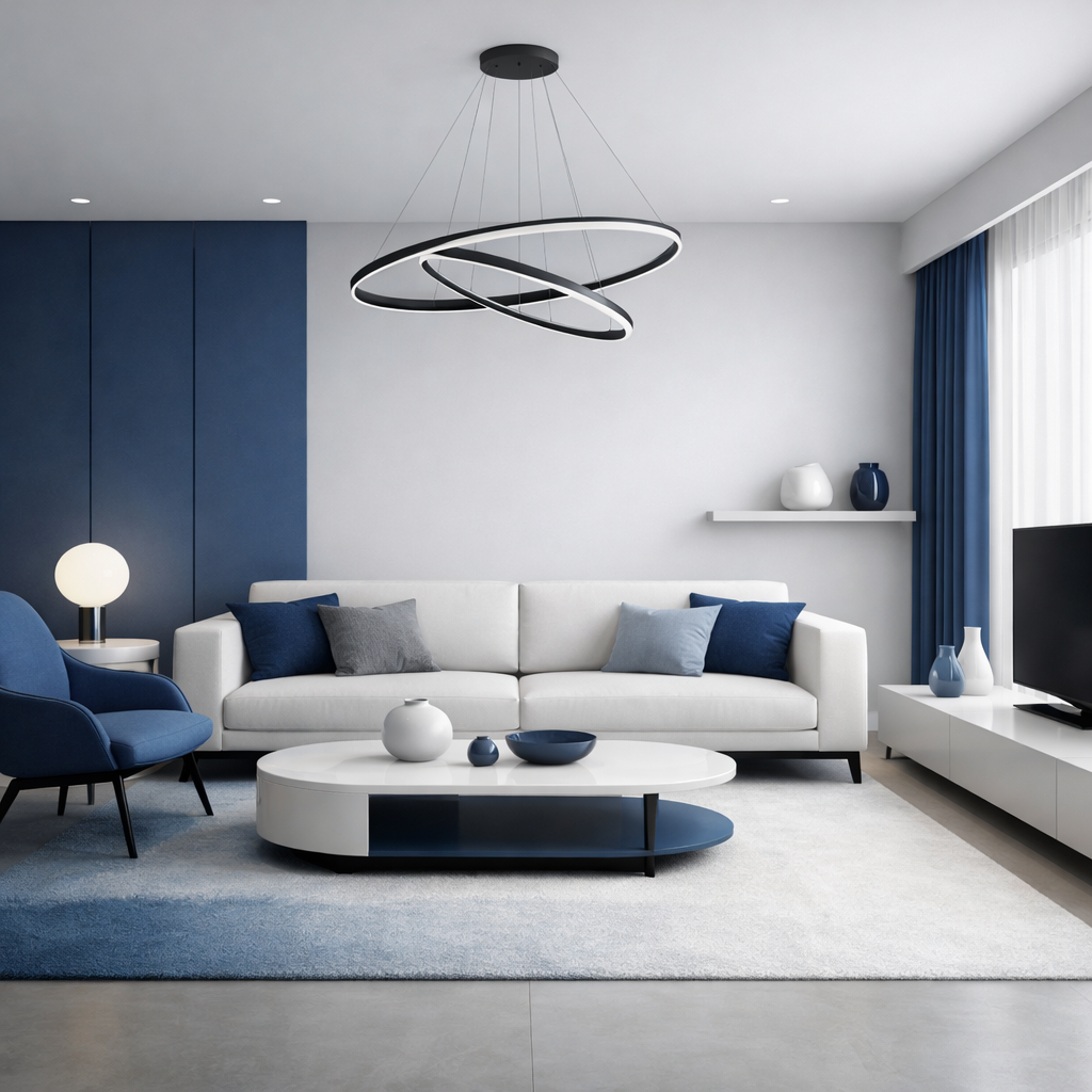 A modern minimalist living room featuring blue and white decor with a white sofa, blue accent chair, and stylish lighting.