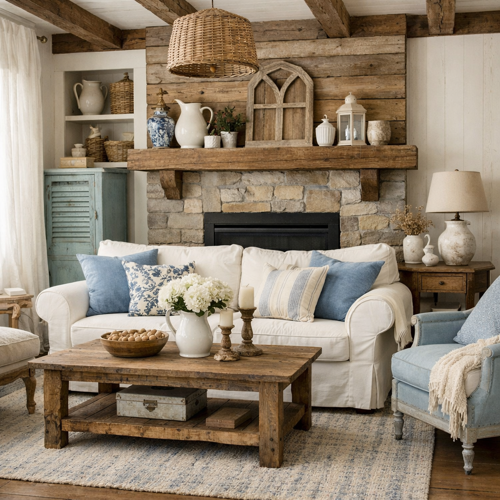 A cozy living room showcasing rustic blue and white decor with a wooden coffee table and a stone fireplace.