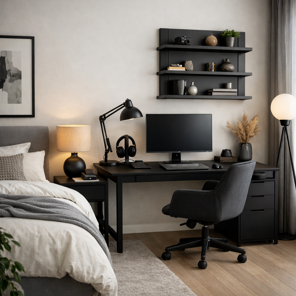 A stylish black workspace setup in a cozy bedroom