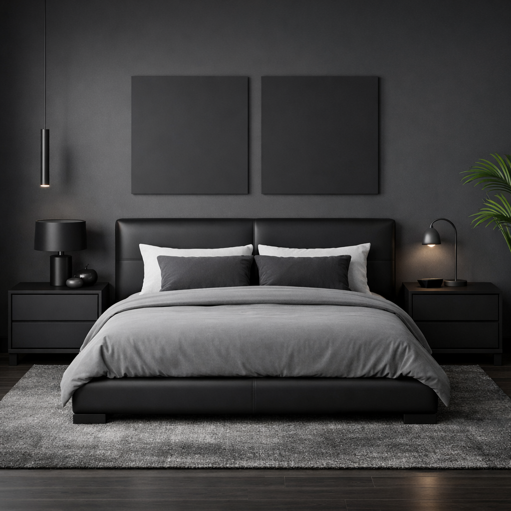 A modern bedroom featuring black furniture, a plush bed, stylish lamps, and a minimalist design.