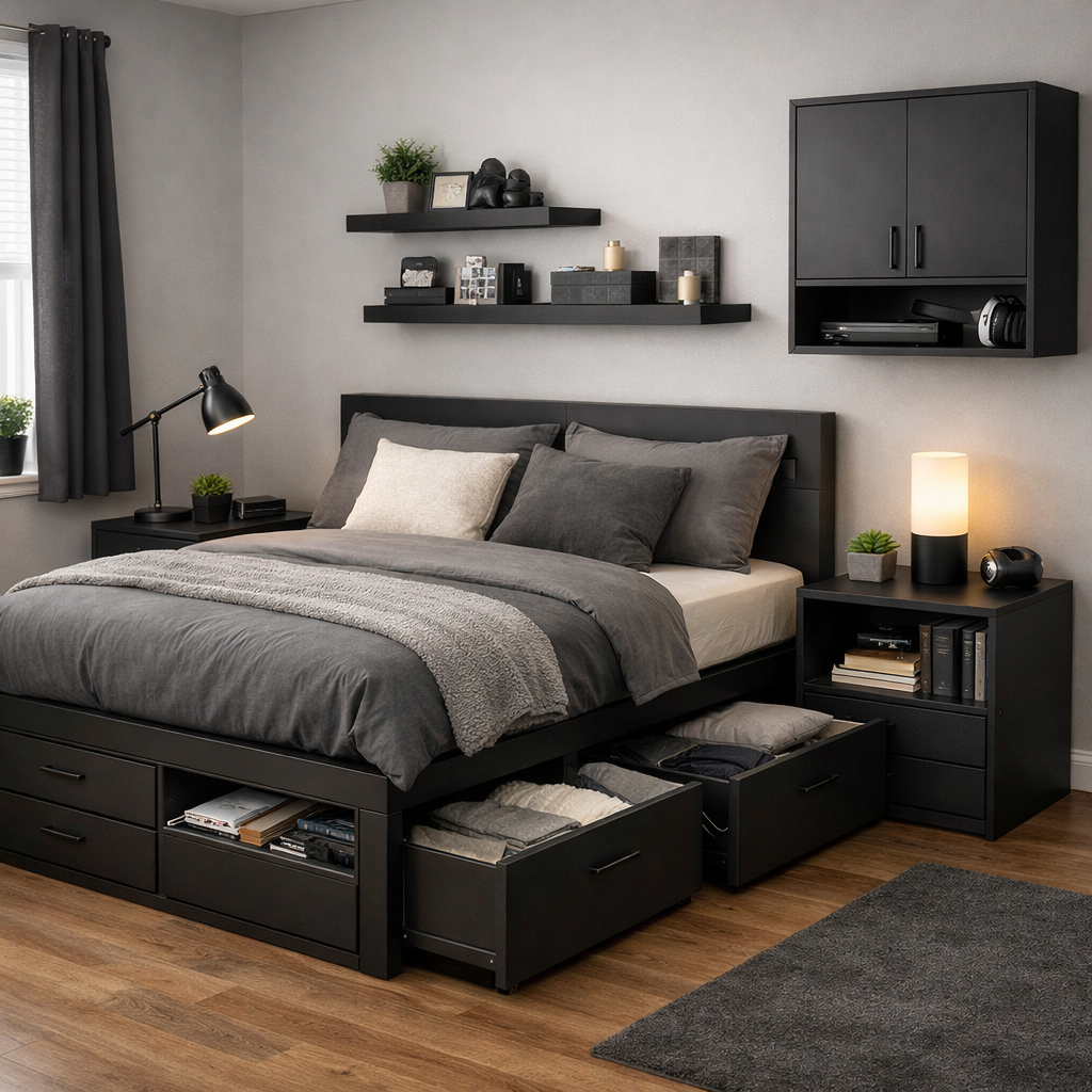 Modern black bedroom furniture with built-in storage and wall-mounted shelves