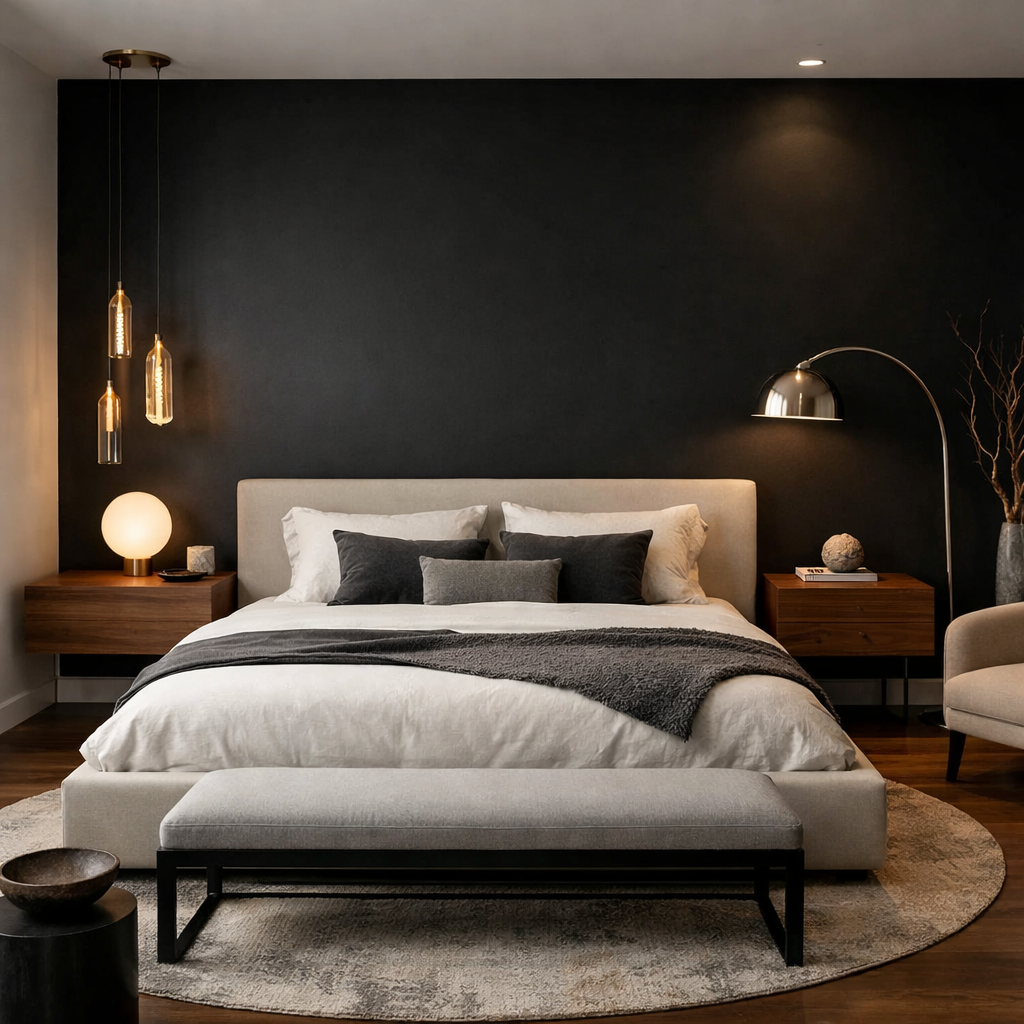A modern bedroom featuring a black accent wall, neutral-colored bed, stylish bedside tables, and cozy lighting.