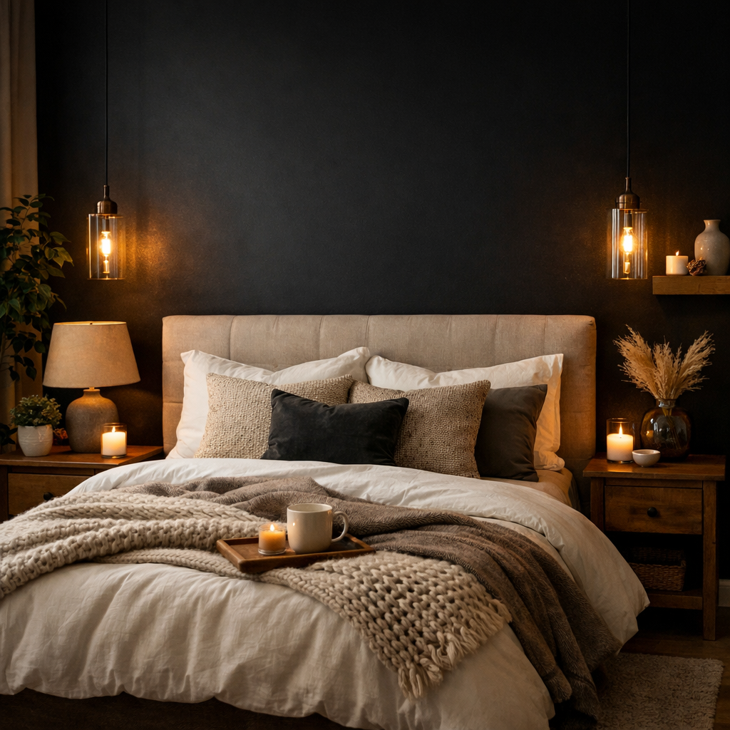 Cozy bedroom with black accent wall, beige bed, warm lighting, and decorative elements.