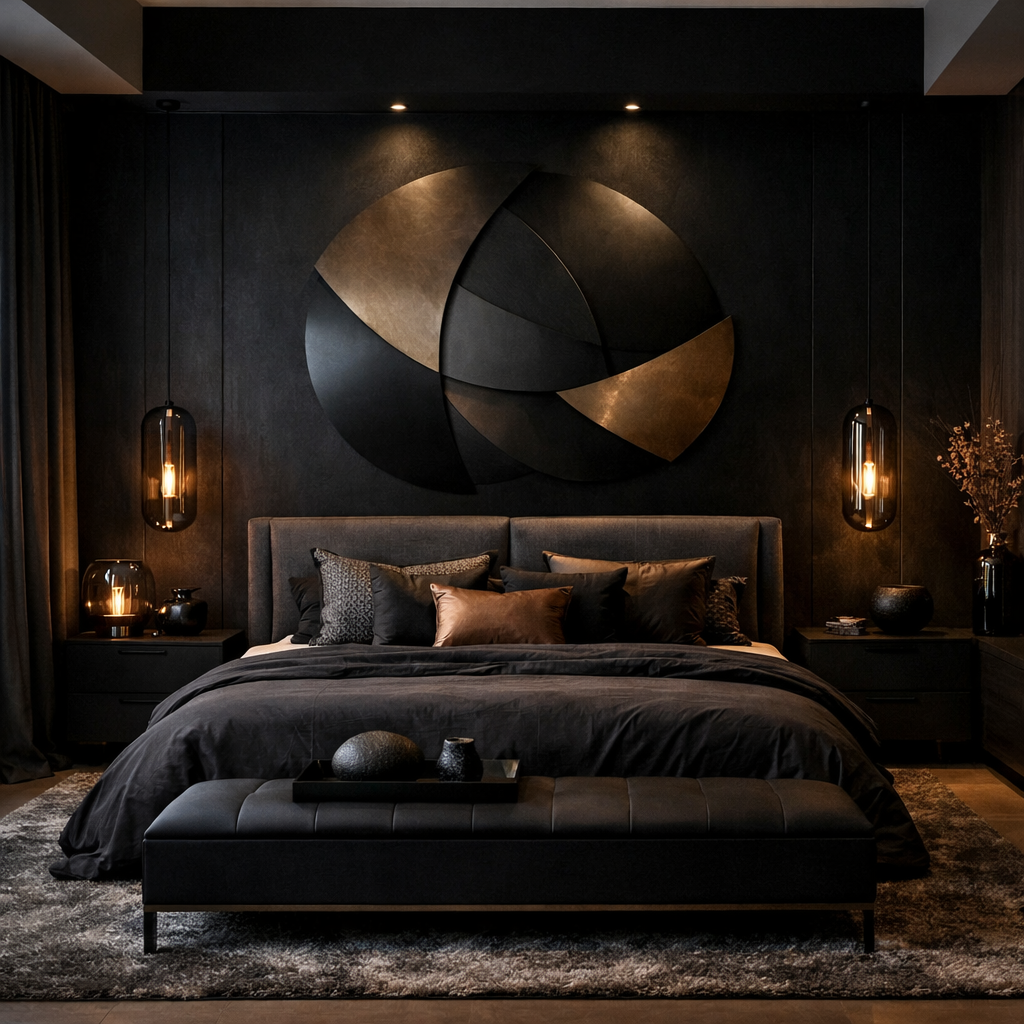 A bedroom with a black accent wall featuring a geometric mural, plush bedding, and stylish lighting.