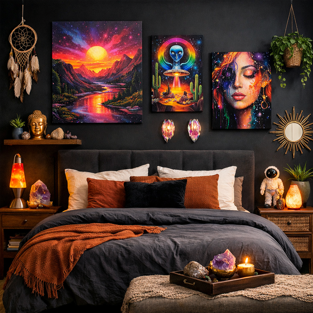 A stylish bedroom featuring bold artwork on a black accent wall, highlighting a tranquil landscape, an alien scene, and a vibrant portrait.