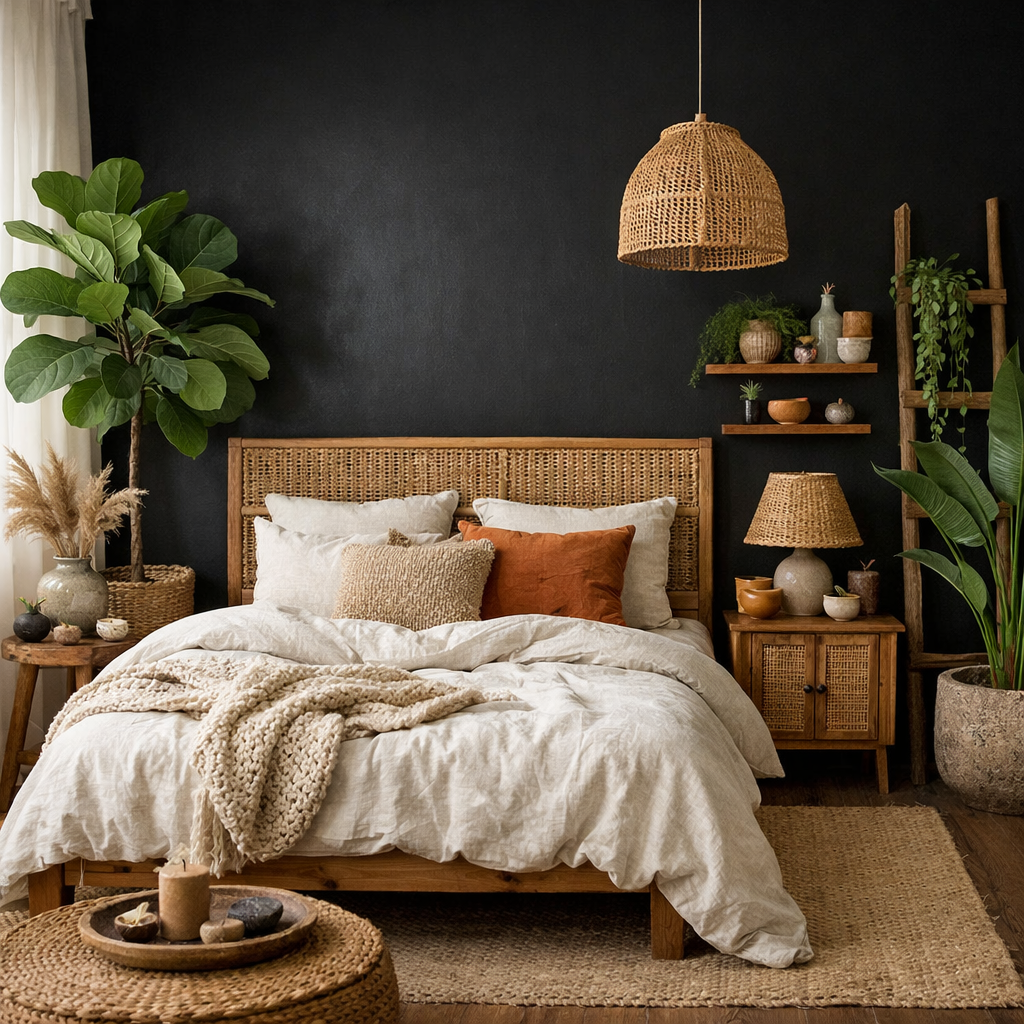A cozy bedroom featuring a black accent wall, rattan furniture, and indoor plants.