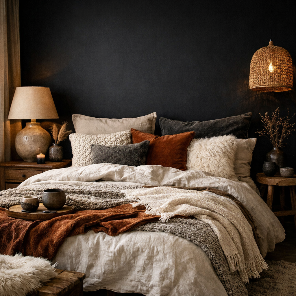 A cozy bedroom with a black accent wall, featuring layered textures through bedding and decor.