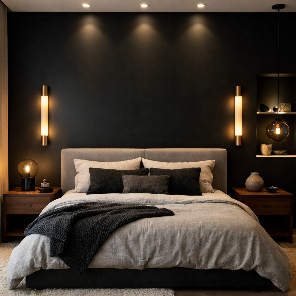 A stylish bedroom featuring a black accent wall, modern lighting, and cozy decor.