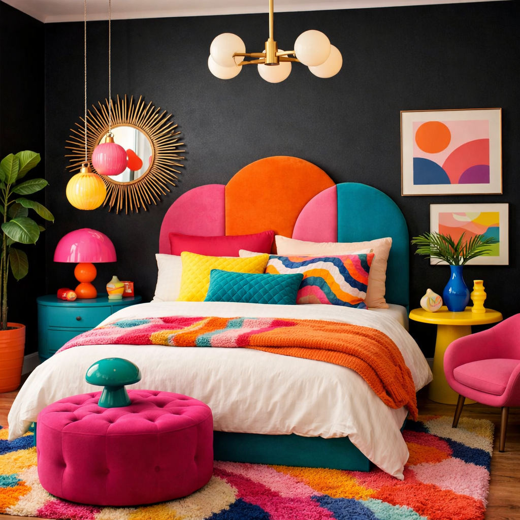 A colorful bedroom with a black accent wall featuring a bright headboard, pillows, and decor items.