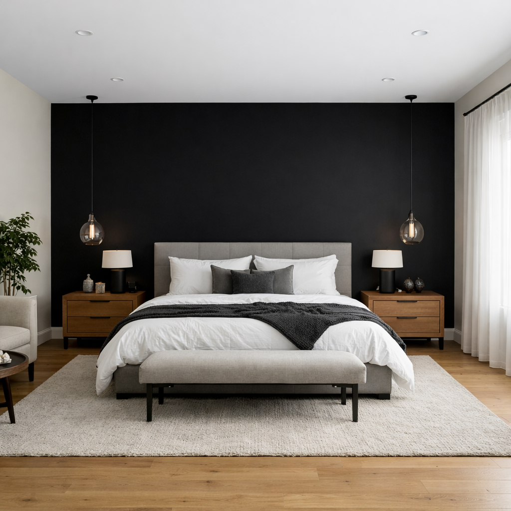Modern bedroom featuring a black accent wall with cozy furnishings and warm lighting.