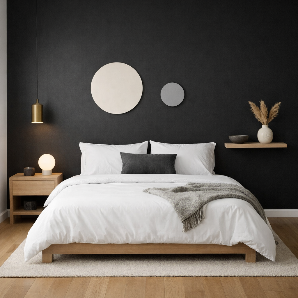 A minimalist bedroom featuring a black accent wall, white bedding, and wooden furniture.