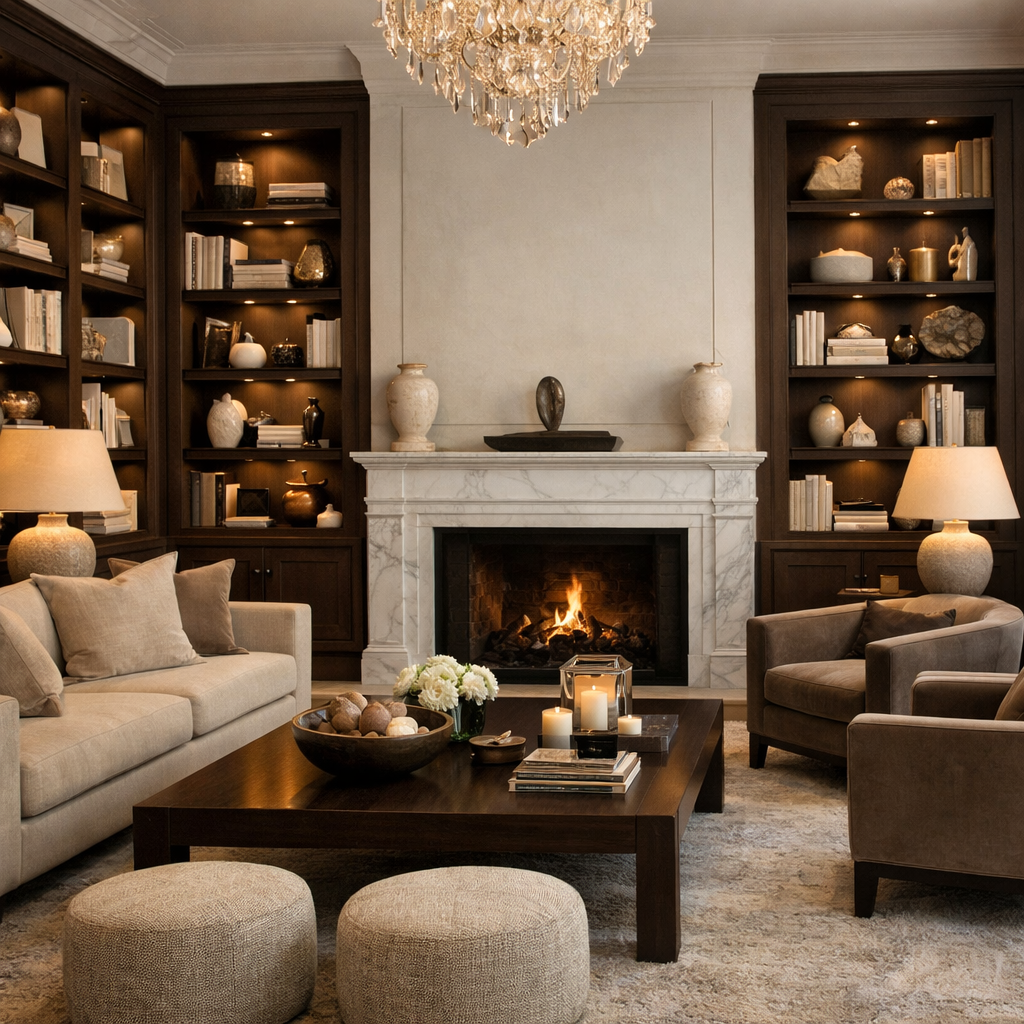 A luxurious living room featuring custom built-in shelving with decor and books