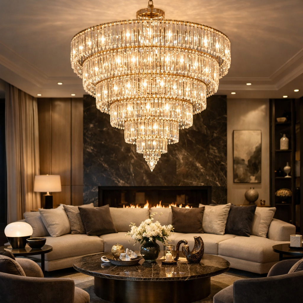 A luxury living room with an elegant chandelier, cozy seating, and tasteful decor.