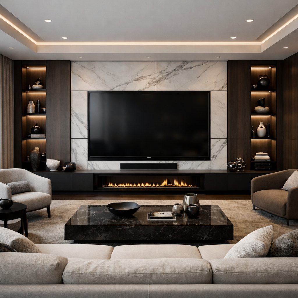 Luxury living room with a sleek entertainment system, marble accents, and cozy ambiance.
