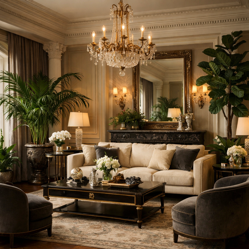 A luxurious living room with elegant furnishings and indoor plants.