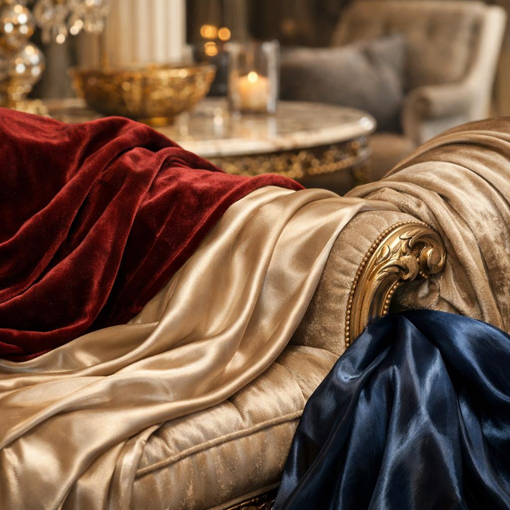 Luxurious living room details featuring rich fabrics and textures