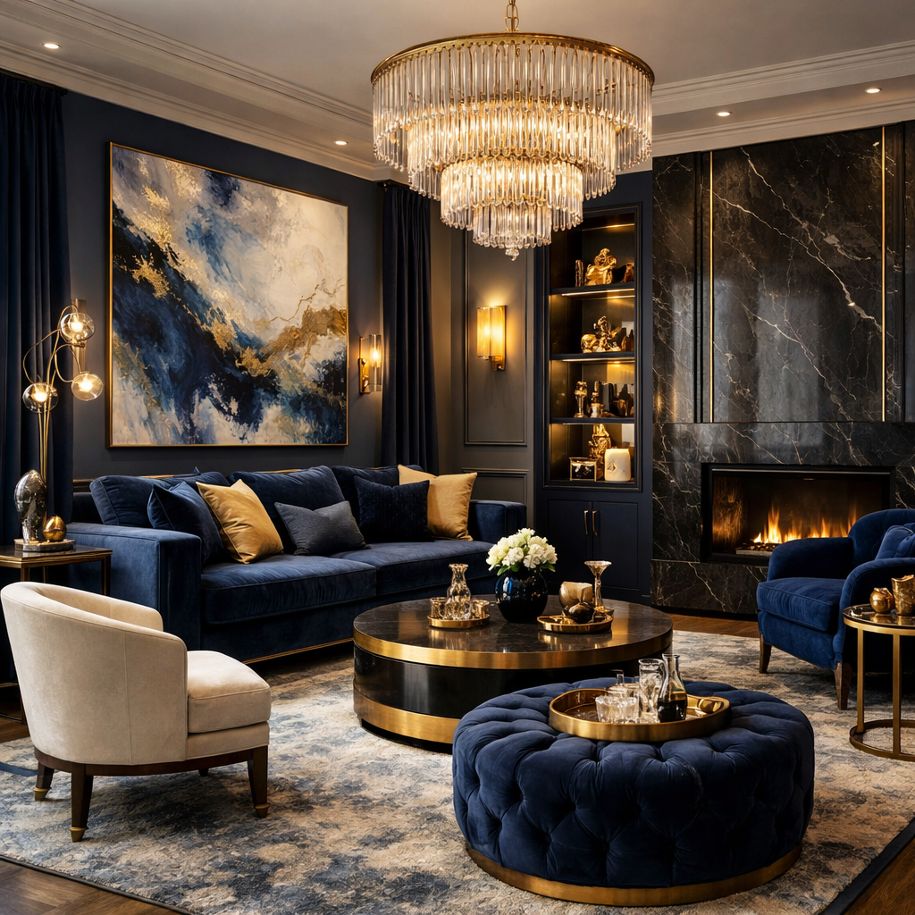 A luxury living room featuring dark blue tones, gold accents, and elegant furnishings.