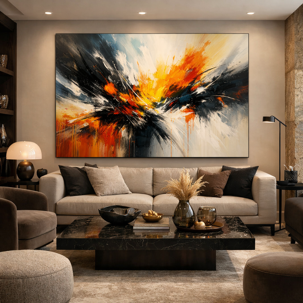 Vibrant abstract painting above a stylish modern sofa in a luxury living room