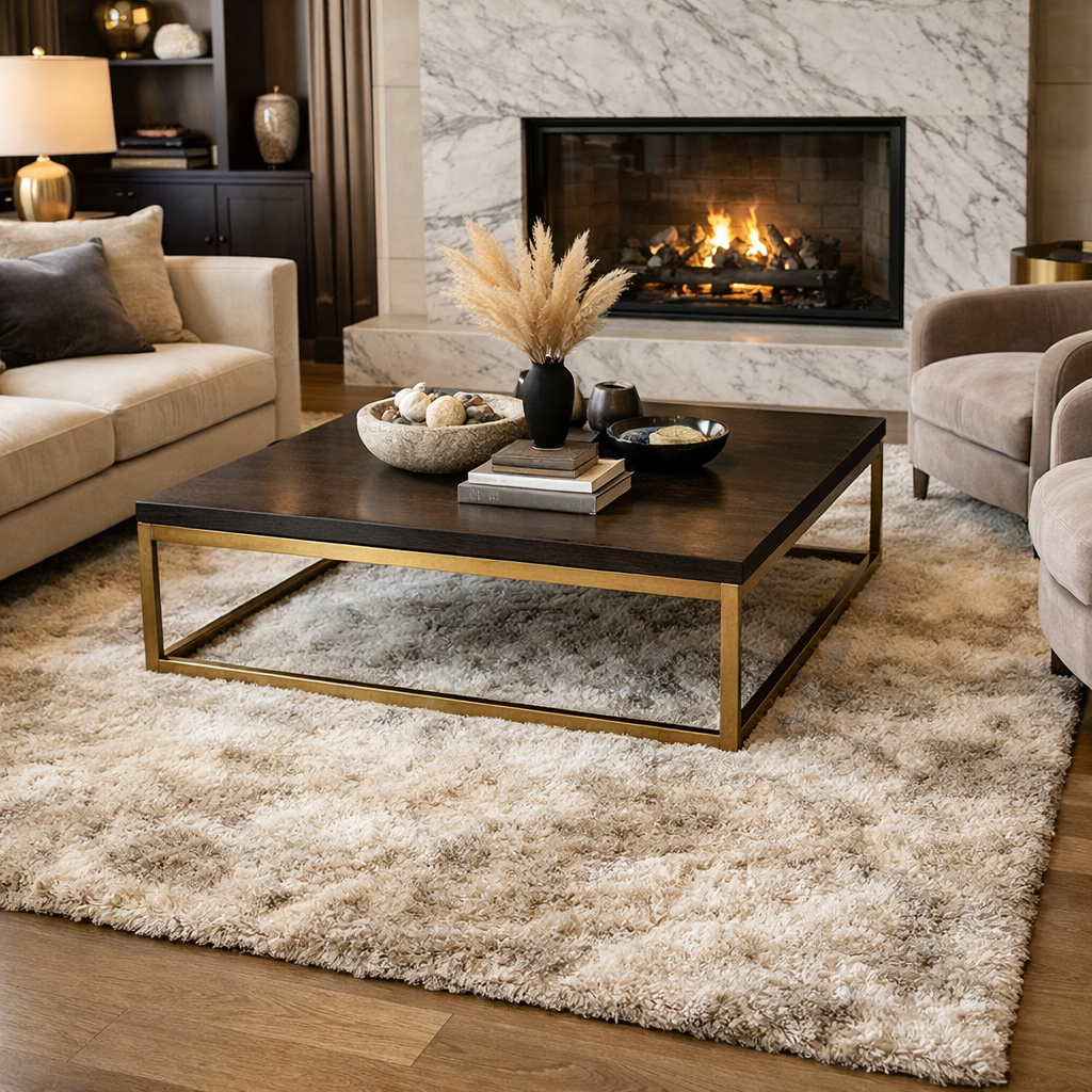 A stylish living room featuring a plush area rug under a coffee table, complemented by modern furniture and a cozy fireplace.
