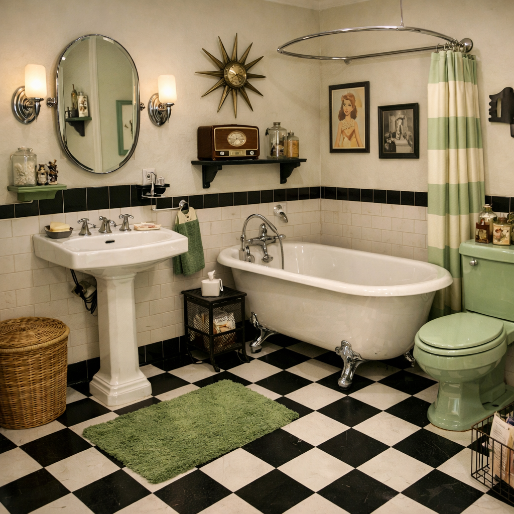 A vintage bathroom featuring black and white checkerboard tile flooring, classic fixtures, and retro decor.