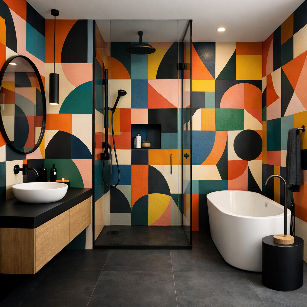 A modern bathroom featuring bold geometric patterns on the walls with vibrant colors, a sleek white sink, and a stylish bathtub.