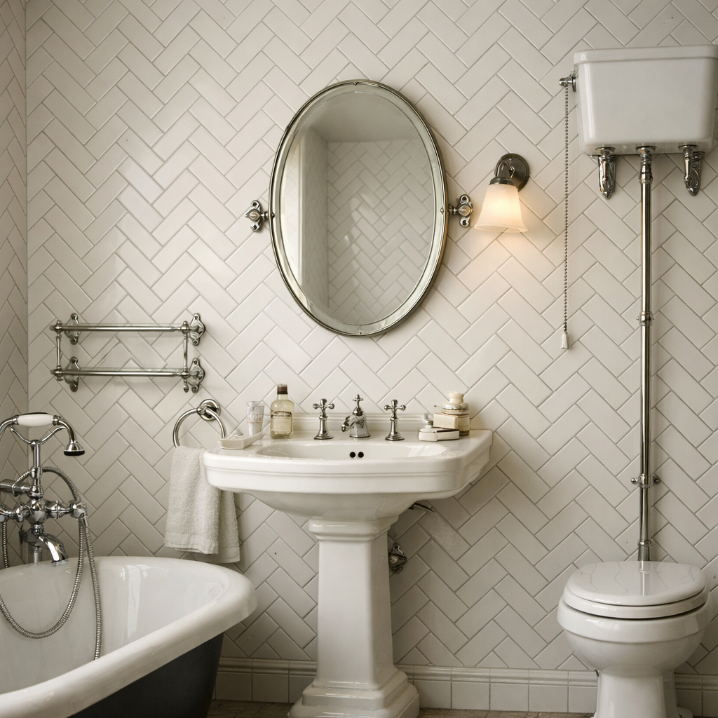 Elegant bathroom featuring classic subway tiles in a herringbone pattern with a vintage sink and clawfoot tub.