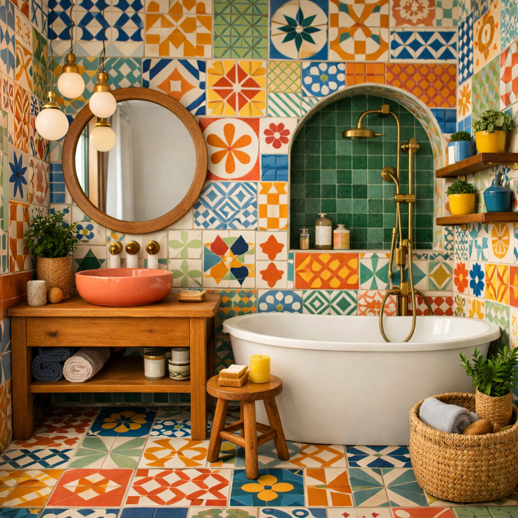 A colorful bathroom featuring vibrant cement tiles with various patterns, a white bathtub, wooden vanity, and stylish accessories.