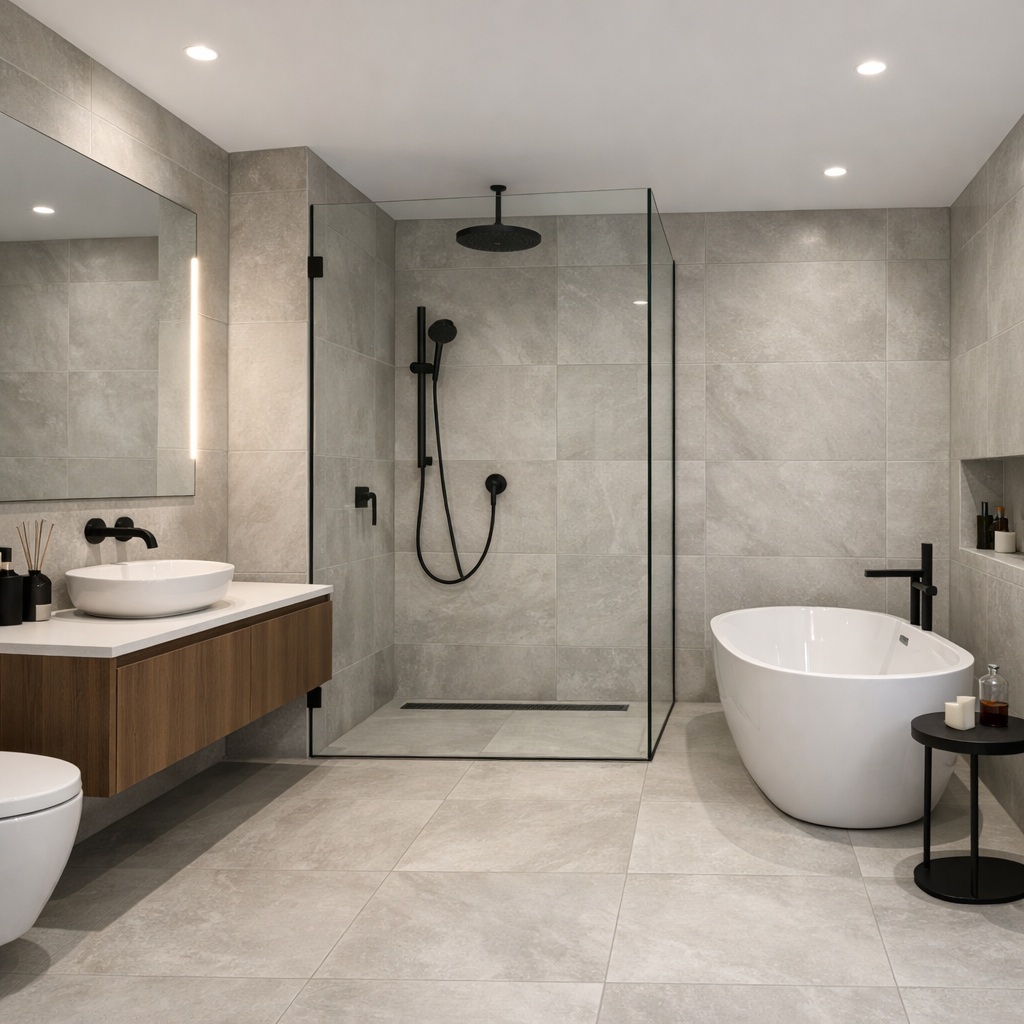 Modern bathroom featuring large format gray tiles, a freestanding tub, and a glass shower enclosure.