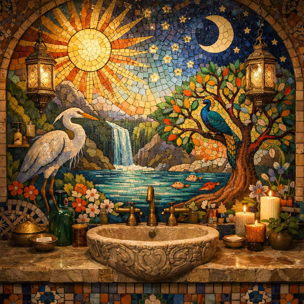 A beautifully designed mosaic tile bathroom wall featuring a sun, a waterfall, a peacock, and lush greenery