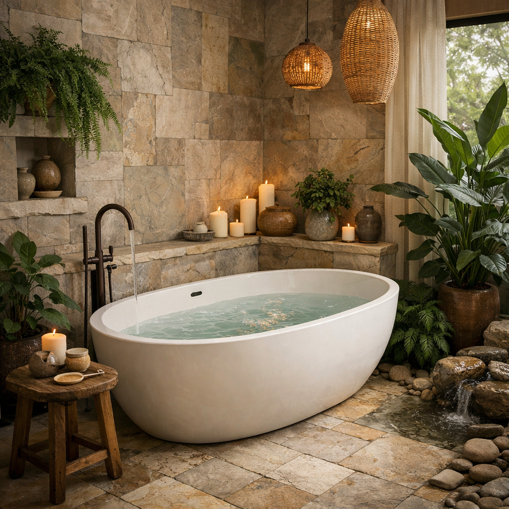 A serene bathroom with natural stone tiles, featuring a soaking tub, candles, and plants.