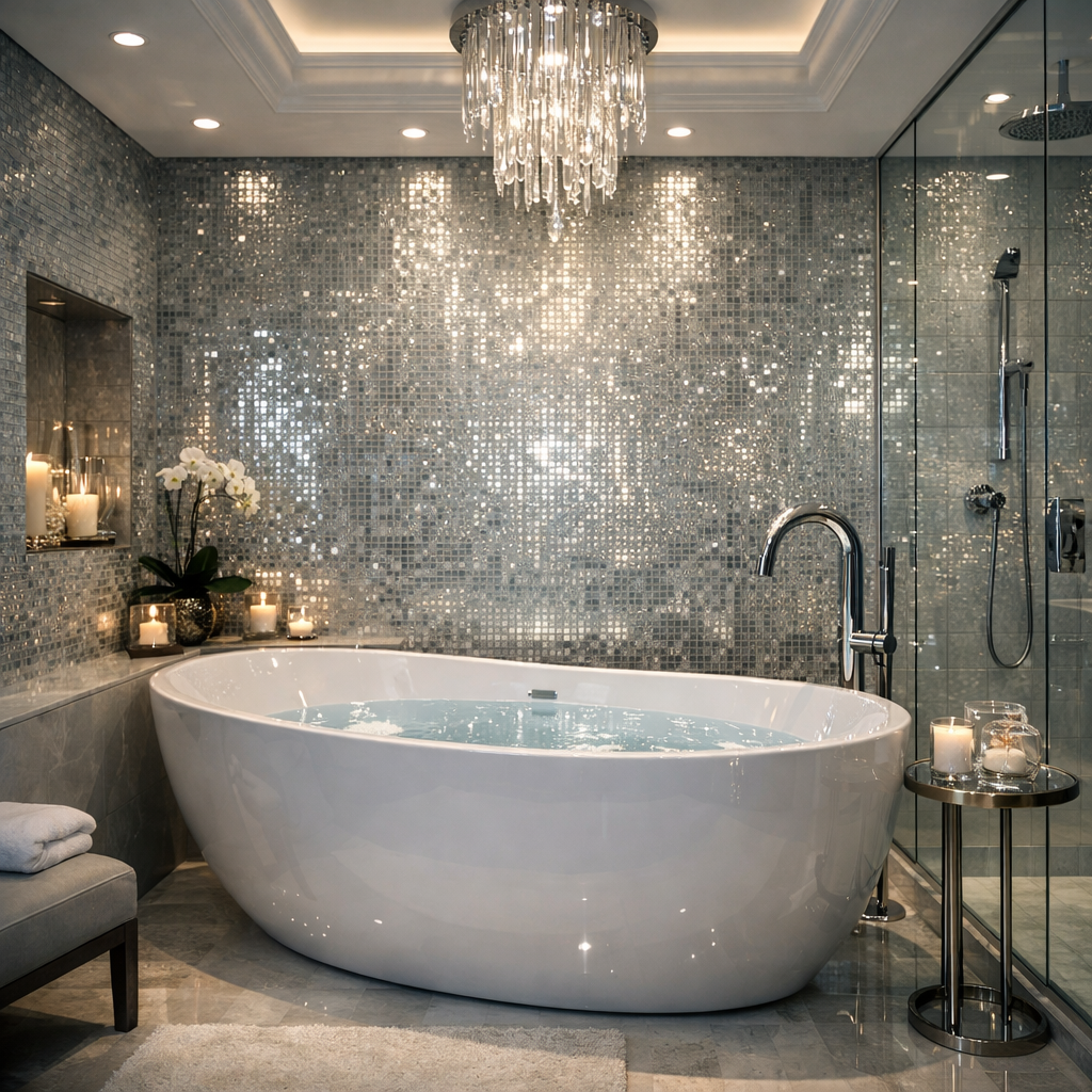Luxurious bathroom featuring shimmering glass tiles, a freestanding tub, and elegant lighting.