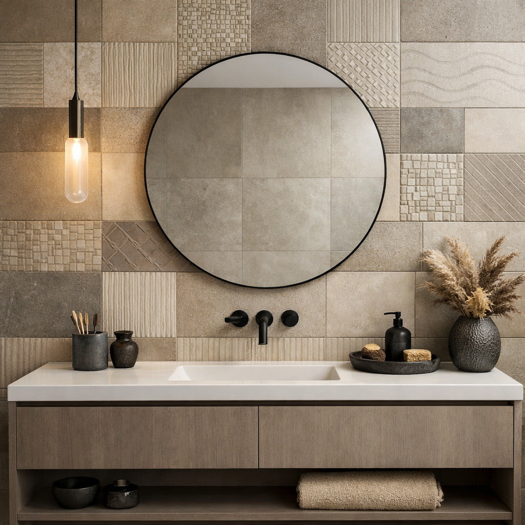 A bathroom featuring various textured tiles on the wall, a round mirror, and a minimalistic sink.