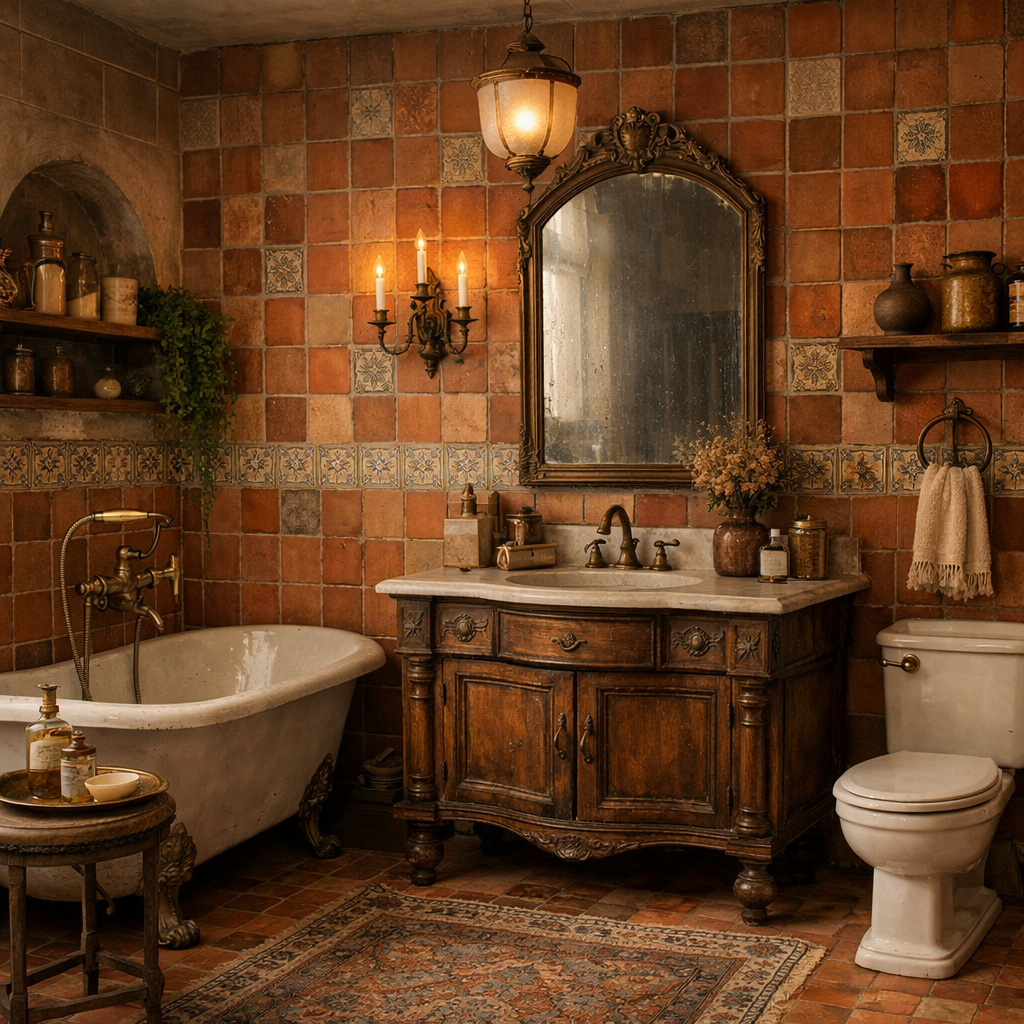 A vintage-inspired bathroom featuring terracotta tiles, a freestanding bathtub, and an antique vanity.