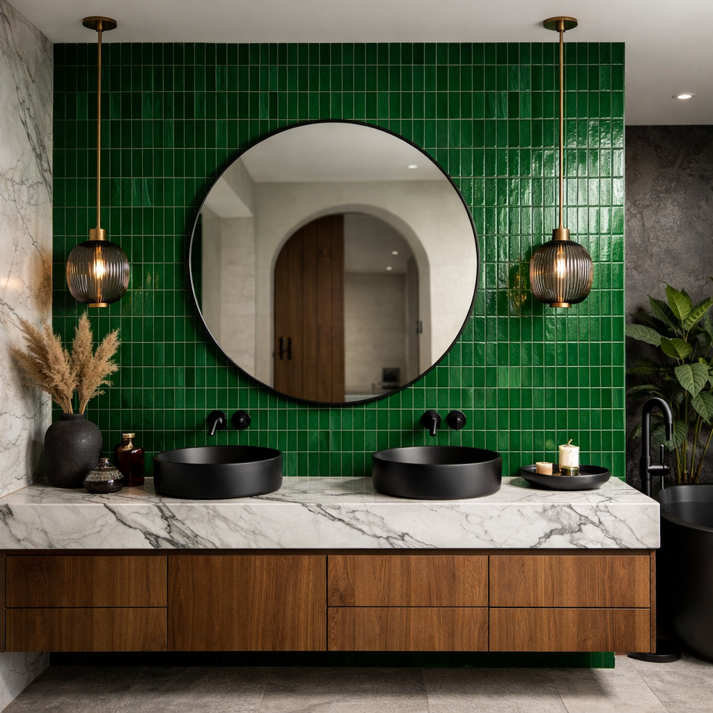 Bathroom featuring a bold green tile accent wall, round mirror, black sinks, and marble countertop