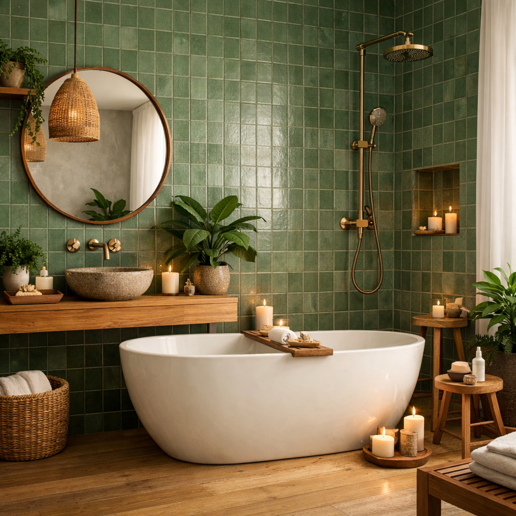 A stylish bathroom featuring green tiles, a white bathtub, wooden accents, and plants.