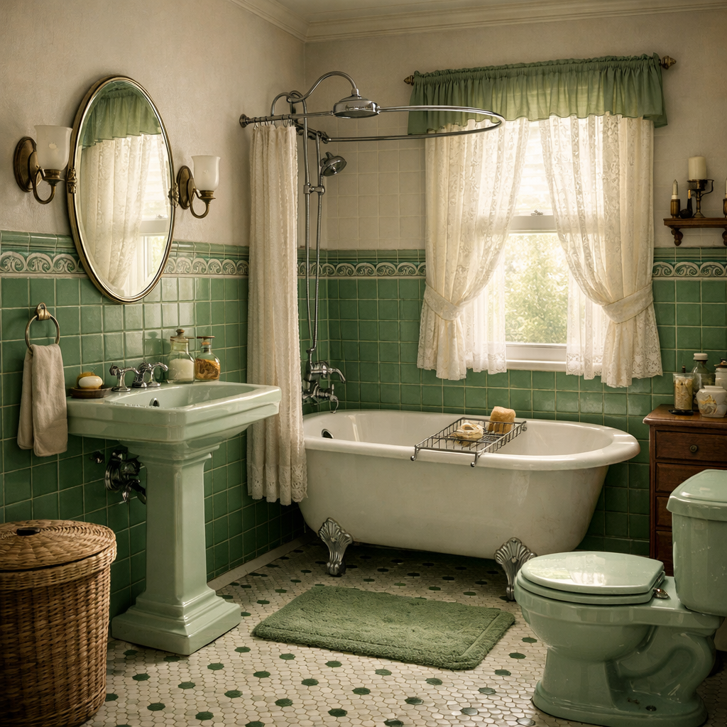 A vintage bathroom featuring green tiles, a clawfoot tub, and a pedestal sink, with natural light filtering through lace curtains.