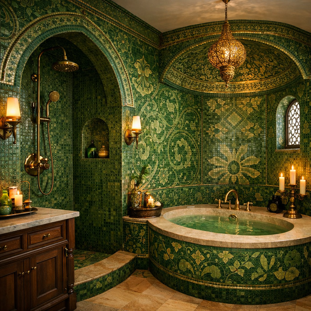 Elegant bathroom featuring intricate green mosaic tiles.