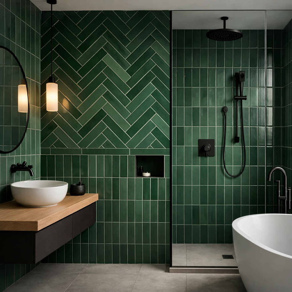 Modern bathroom featuring green subway tiles in a herringbone pattern, a white basin on a wooden countertop, and sleek fixtures.