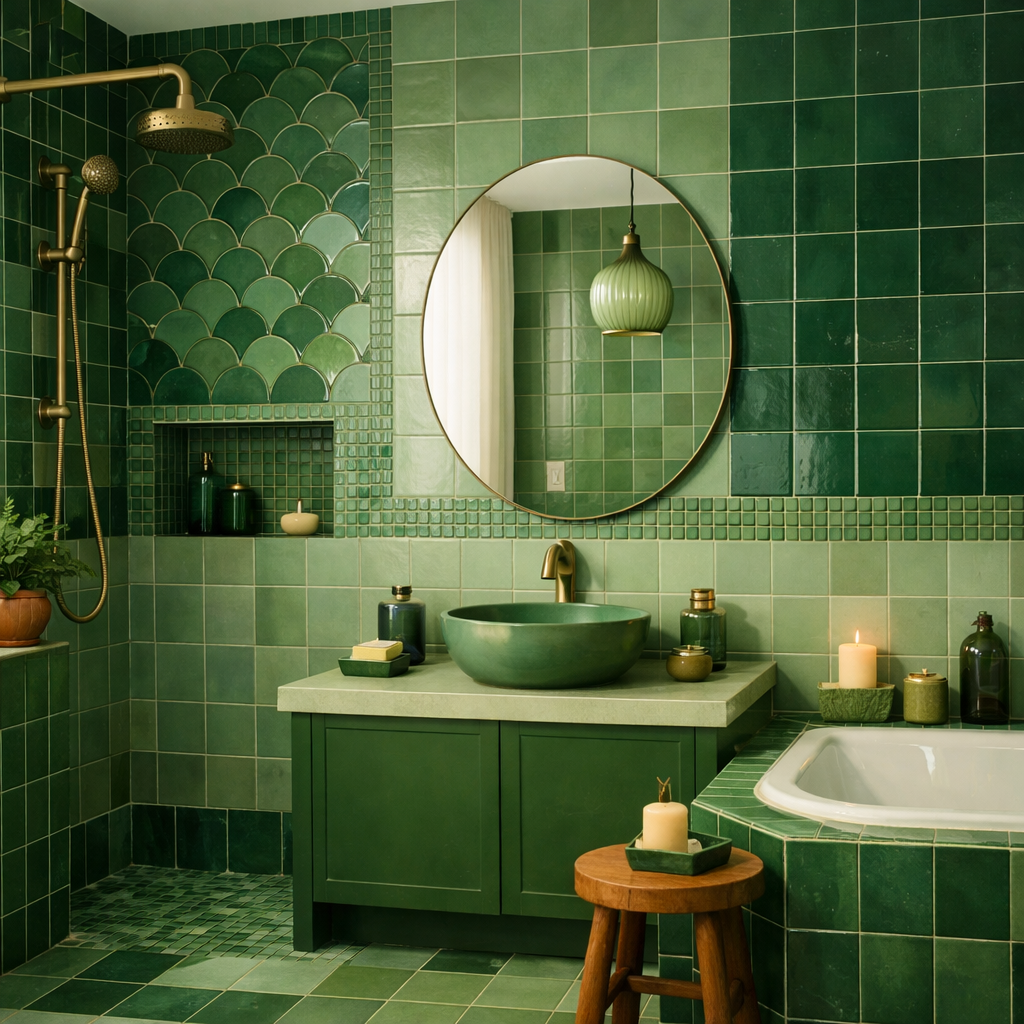 A beautifully designed green tile bathroom with varied shades of green, a round mirror, and elegant lighting.