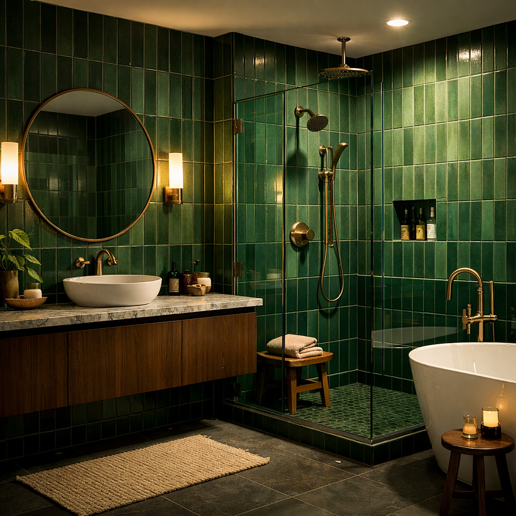 A stylish green tile bathroom with modern fixtures, warm lighting, and elegant decor.
