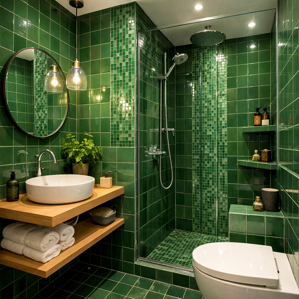 A small bathroom featuring lush green tiles, wooden shelves, a round mirror, and a modern sink.