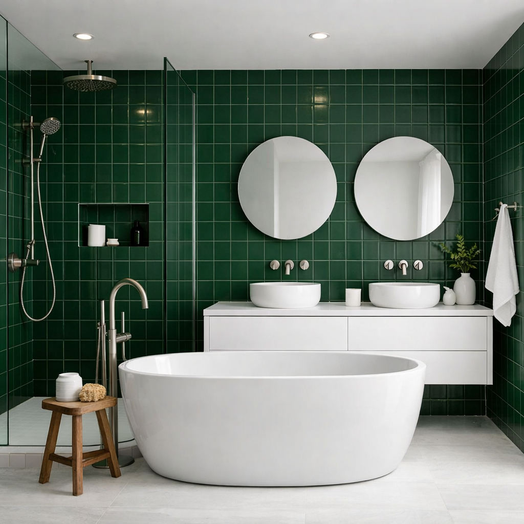 A modern bathroom featuring deep green tiles, white fixtures, and round mirrors.