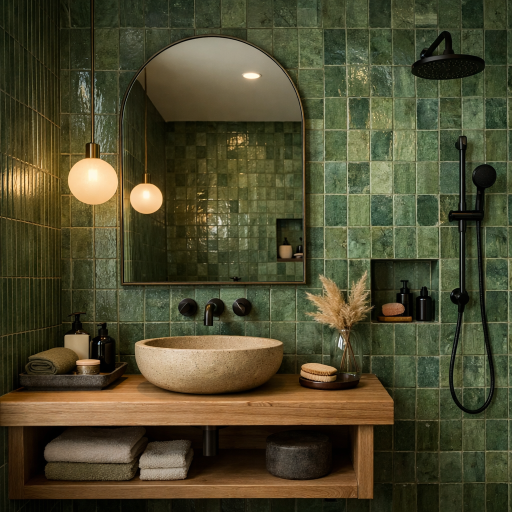 A beautifully designed bathroom featuring textured green tiles, an arched mirror, and a stone sink.