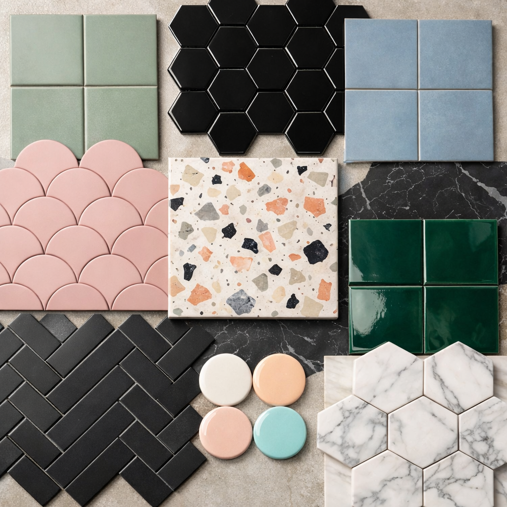 A variety of bathroom floor tiles in different shapes and colors including pastel, black, and speckled designs.