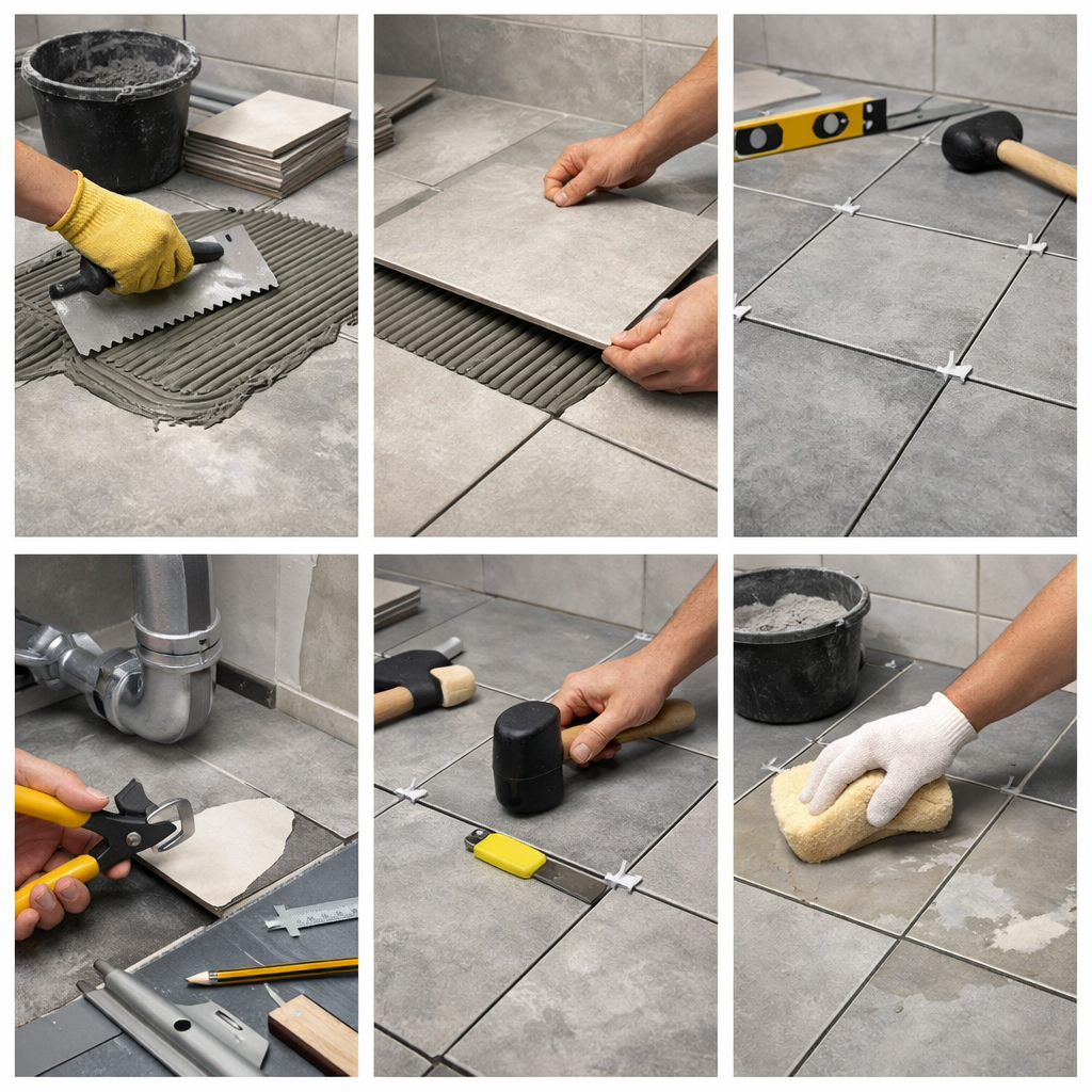 Steps to DIY install bathroom floor tiles, showing tools and techniques.