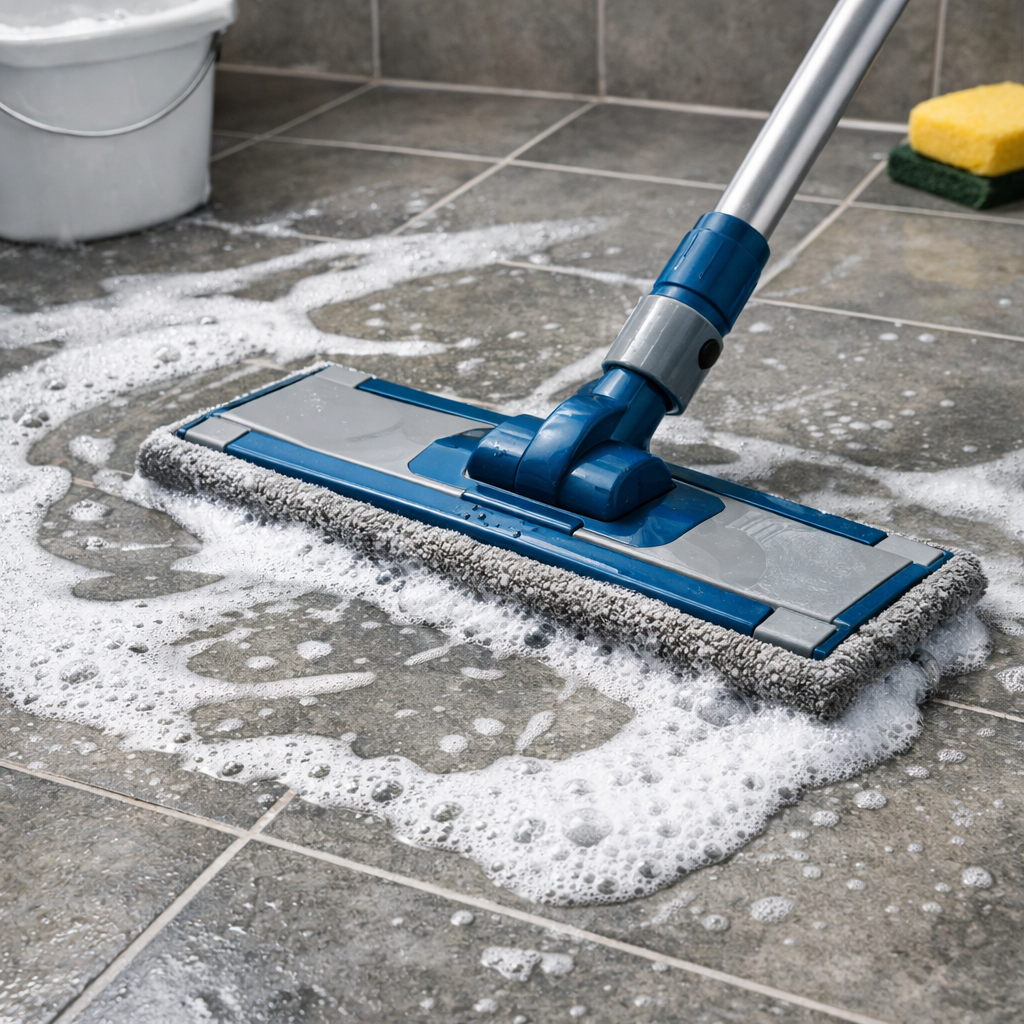 A mop cleaning a tiled bathroom floor with soap bubbles