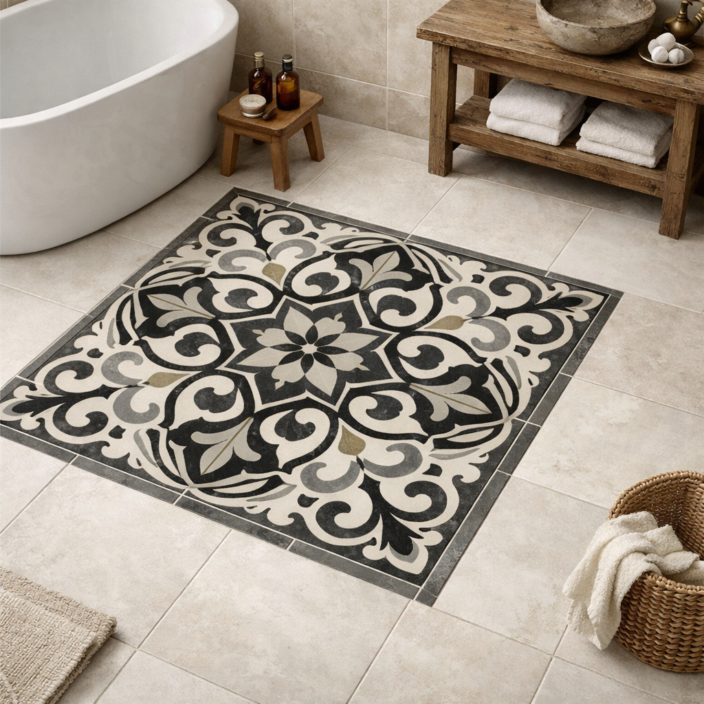 A beautifully designed bathroom floor with a central accent tile surrounded by neutral tiles.