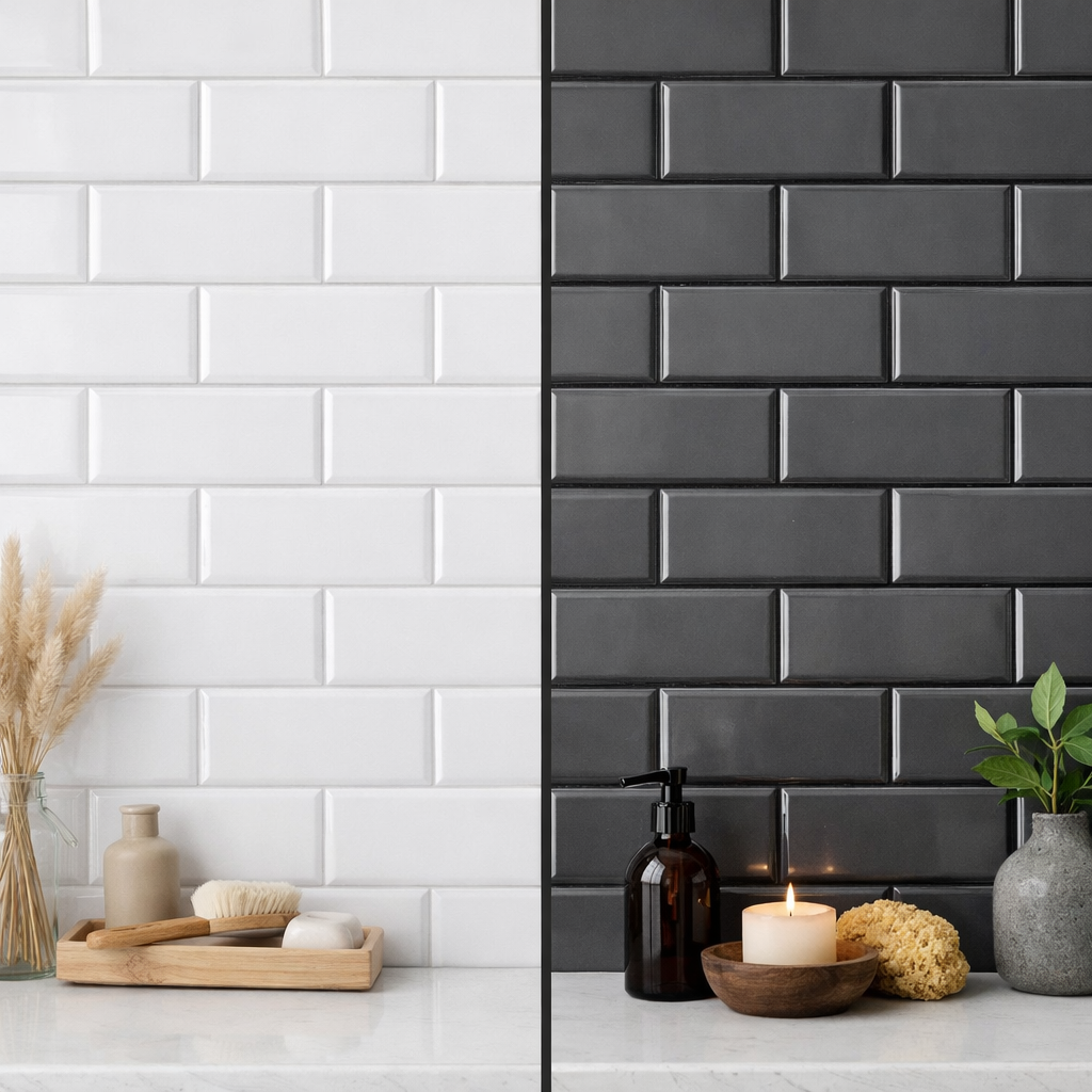 A side-by-side comparison of bathroom tiles featuring light and dark colors.