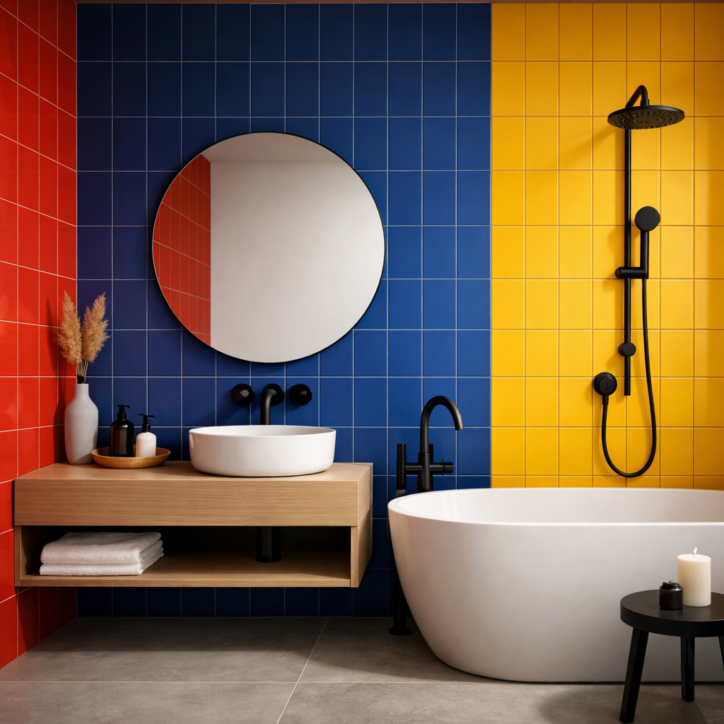 A bathroom featuring bold colored tiles in red, blue, and yellow, with modern fixtures and decorative elements.
